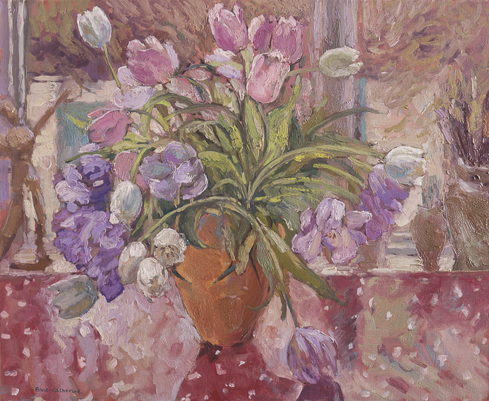 Pink Tulips on Red Tablecloth 60x70cm